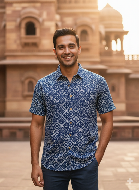 New Blue Bandhani/Bandhej Printed Mens Half Sleeves Cotton Shirt
