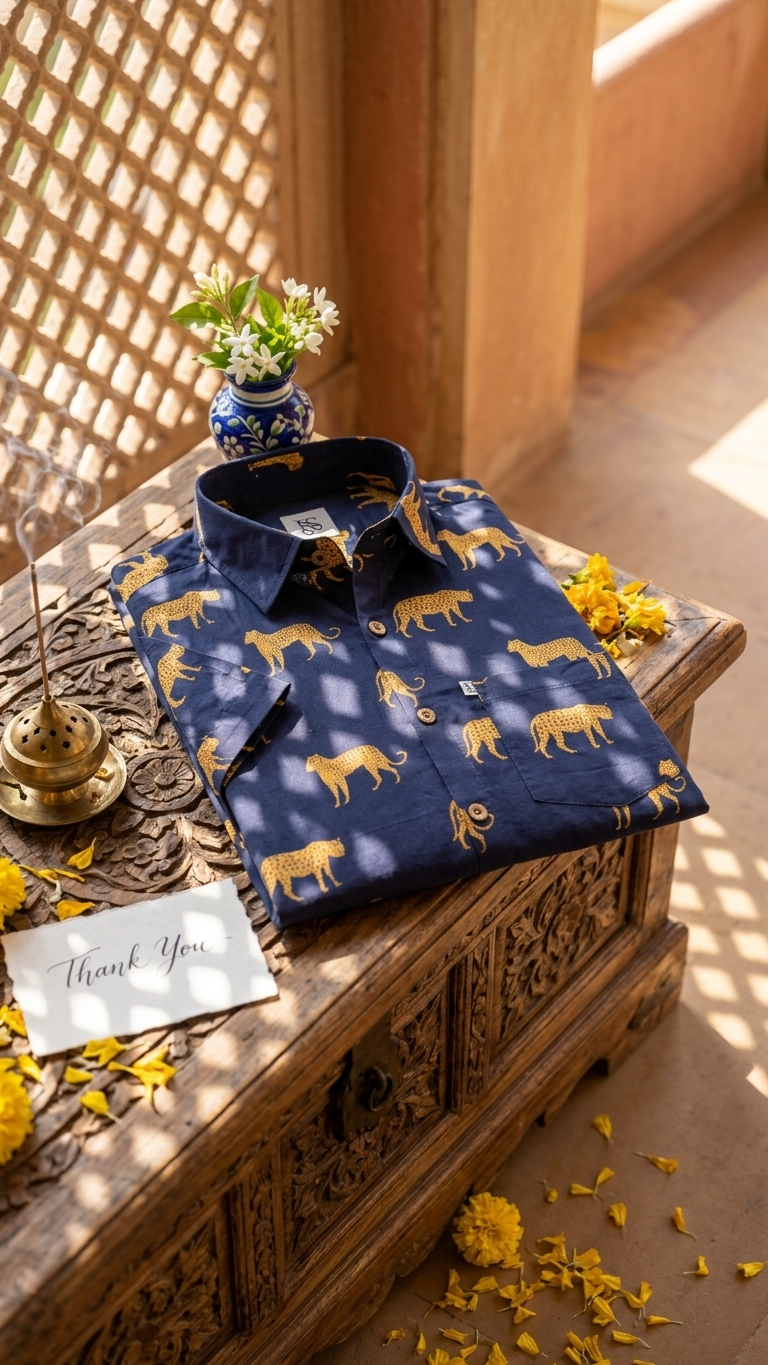 Navy Blue Cheetah Print Mens Half Sleeves Cotton Shirt
