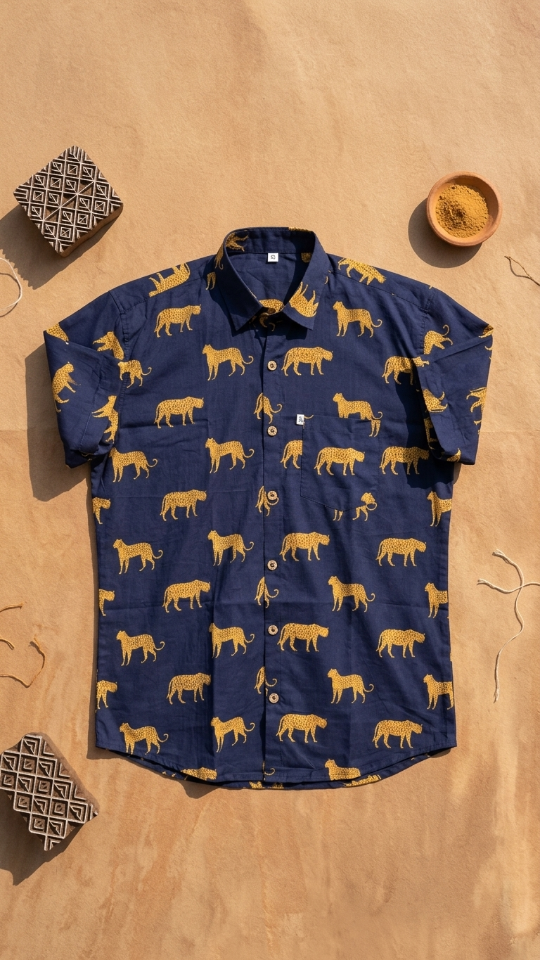 Navy Blue Cheetah Print Mens Half Sleeves Cotton Shirt