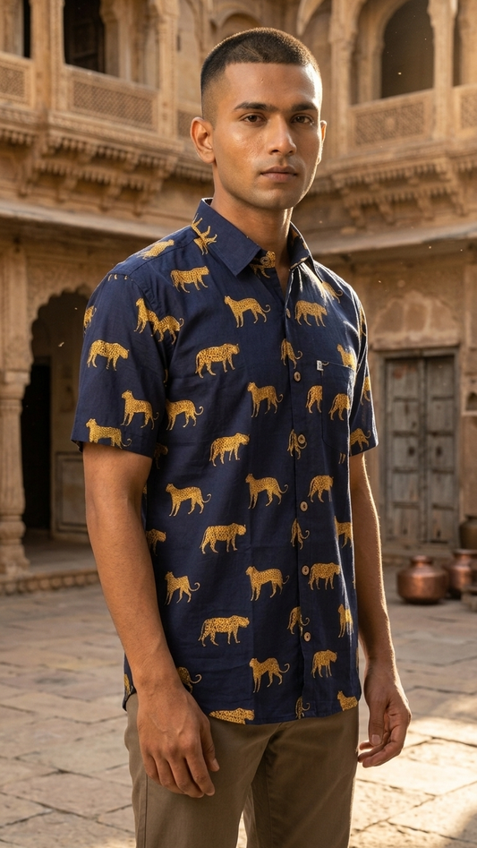 Navy Blue Cheetah Print Mens Half Sleeves Cotton Shirt