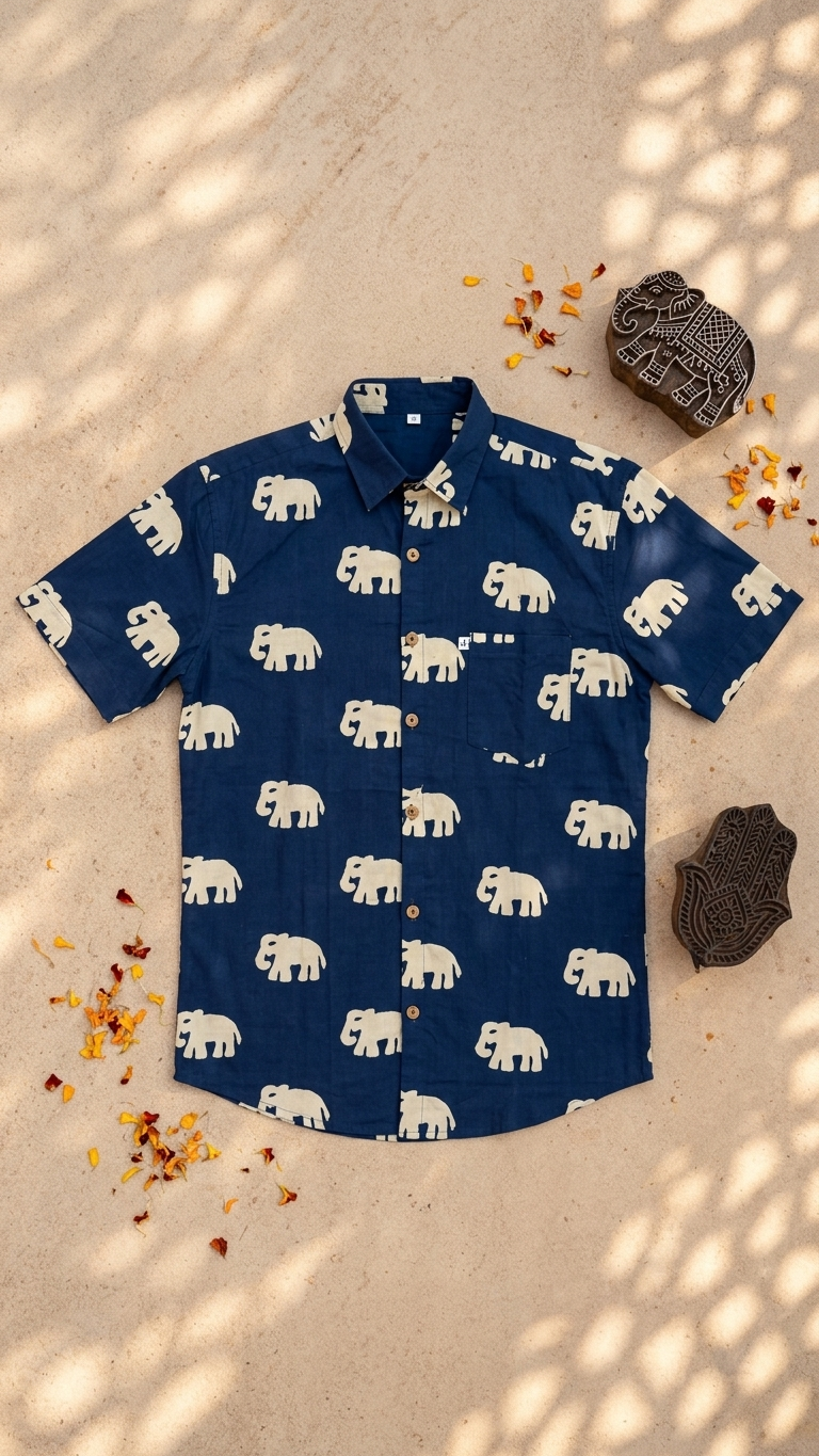 Blue Big Elephant Printed Men's Half Sleeves Cotton Shirt