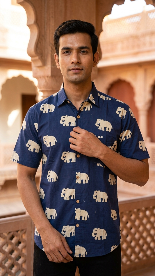 Blue Big Elephant Printed Men's Half Sleeves Cotton Shirt