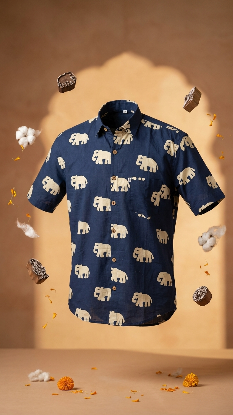 Blue Big Elephant Printed Men's Half Sleeves Cotton Shirt