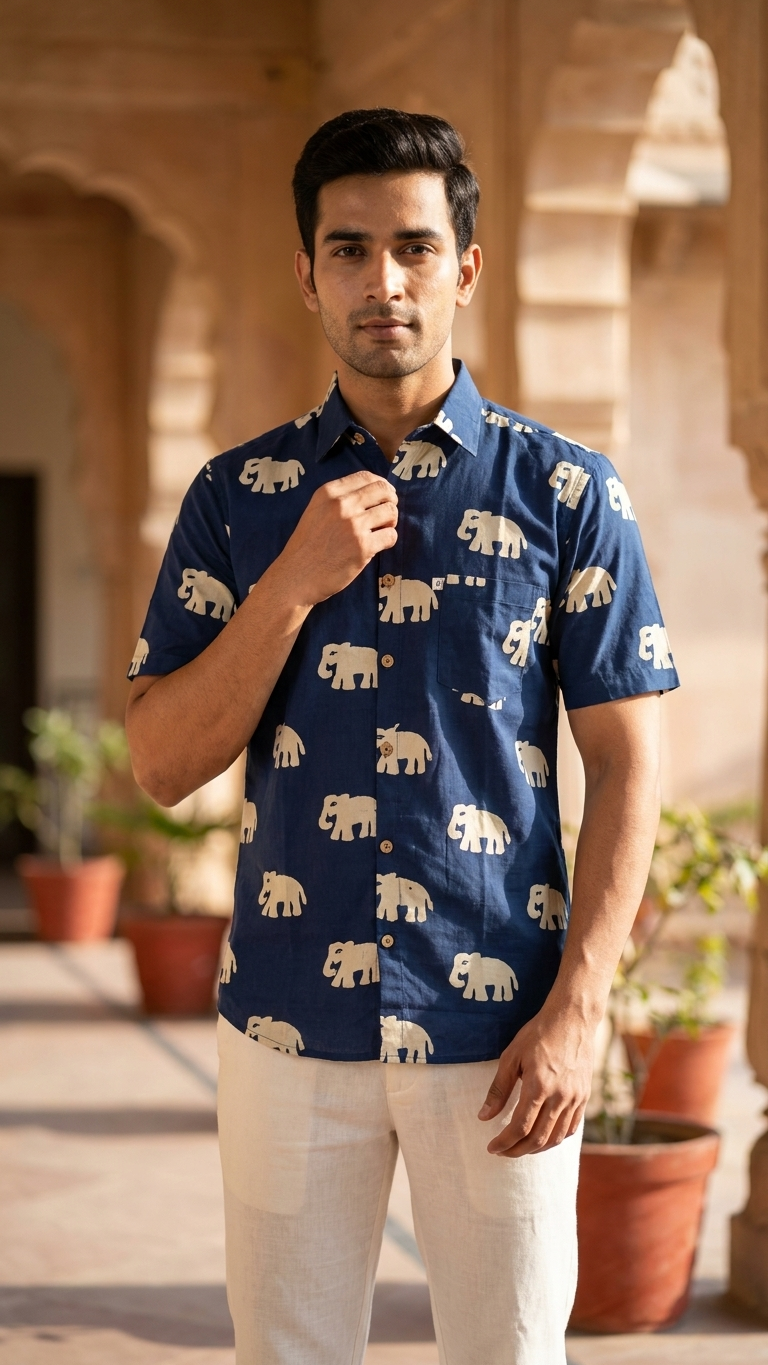 Blue Big Elephant Printed Men's Half Sleeves Cotton Shirt
