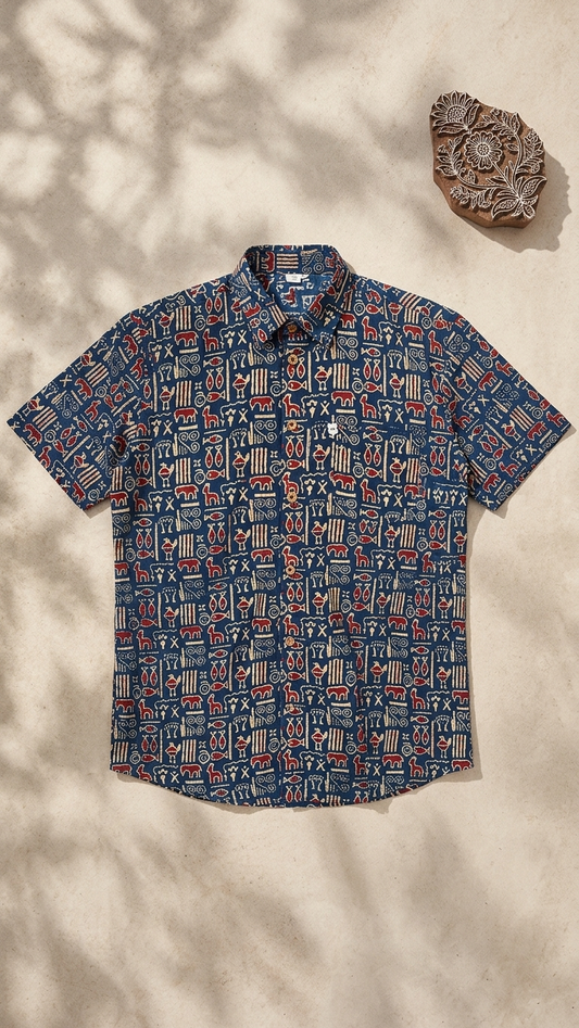 Blue Ethnic Motif Printed Men's Half Sleeves Cotton Shirt