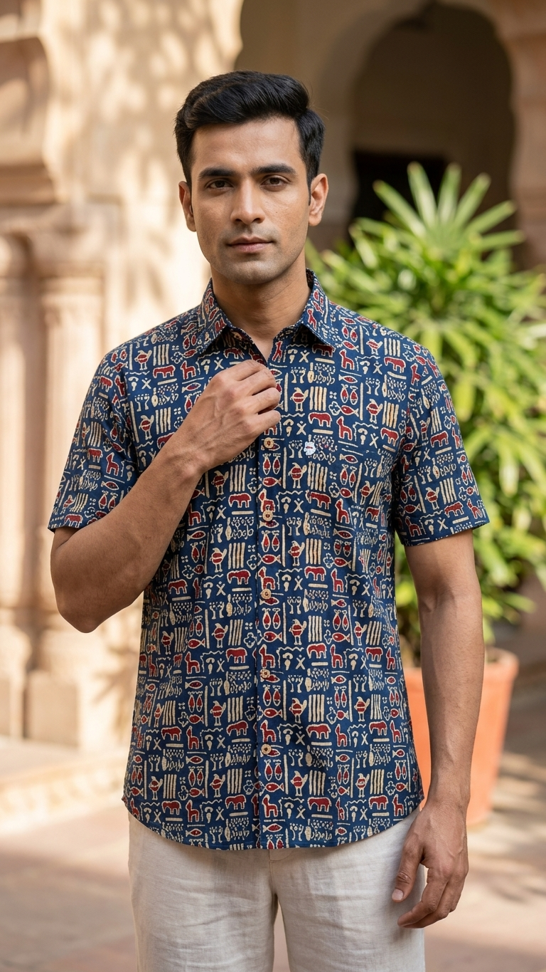 Blue Ethnic Motif Printed Men's Half Sleeves Cotton Shirt