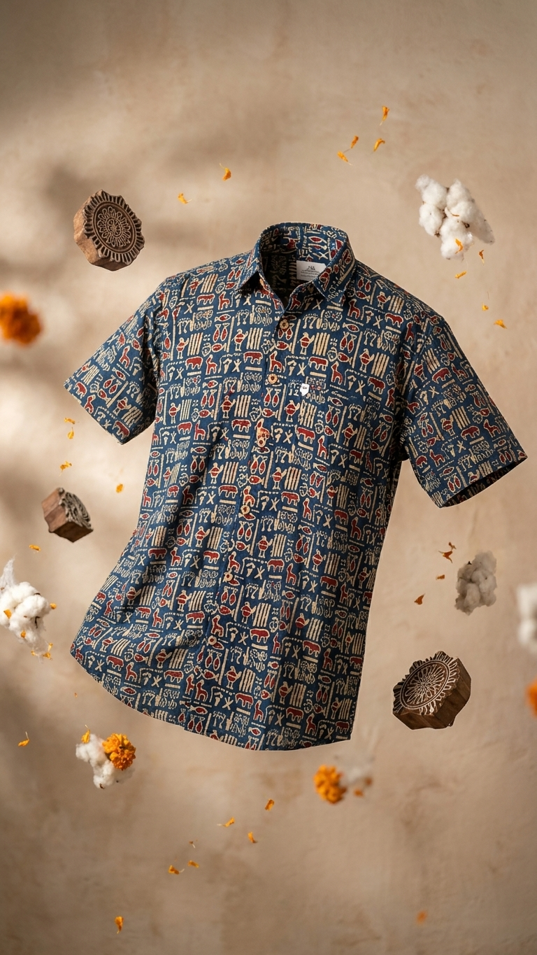 Blue Ethnic Motif Printed Men's Half Sleeves Cotton Shirt