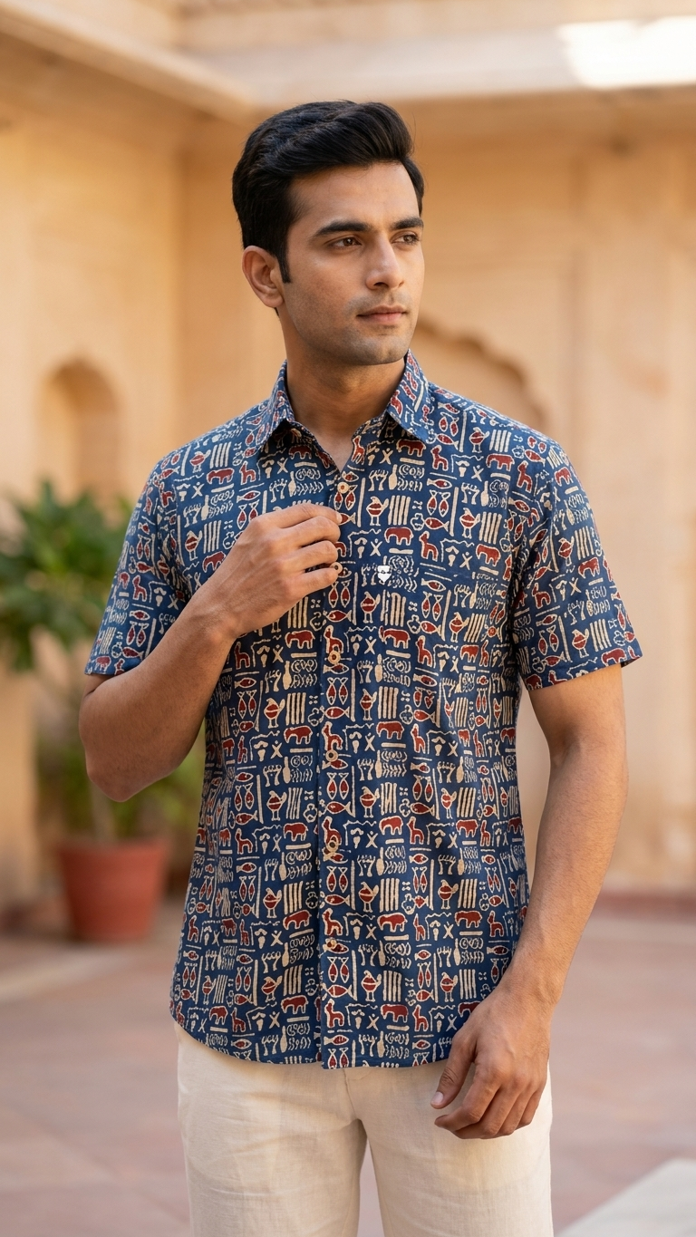 Blue Ethnic Motif Printed Men's Half Sleeves Cotton Shirt