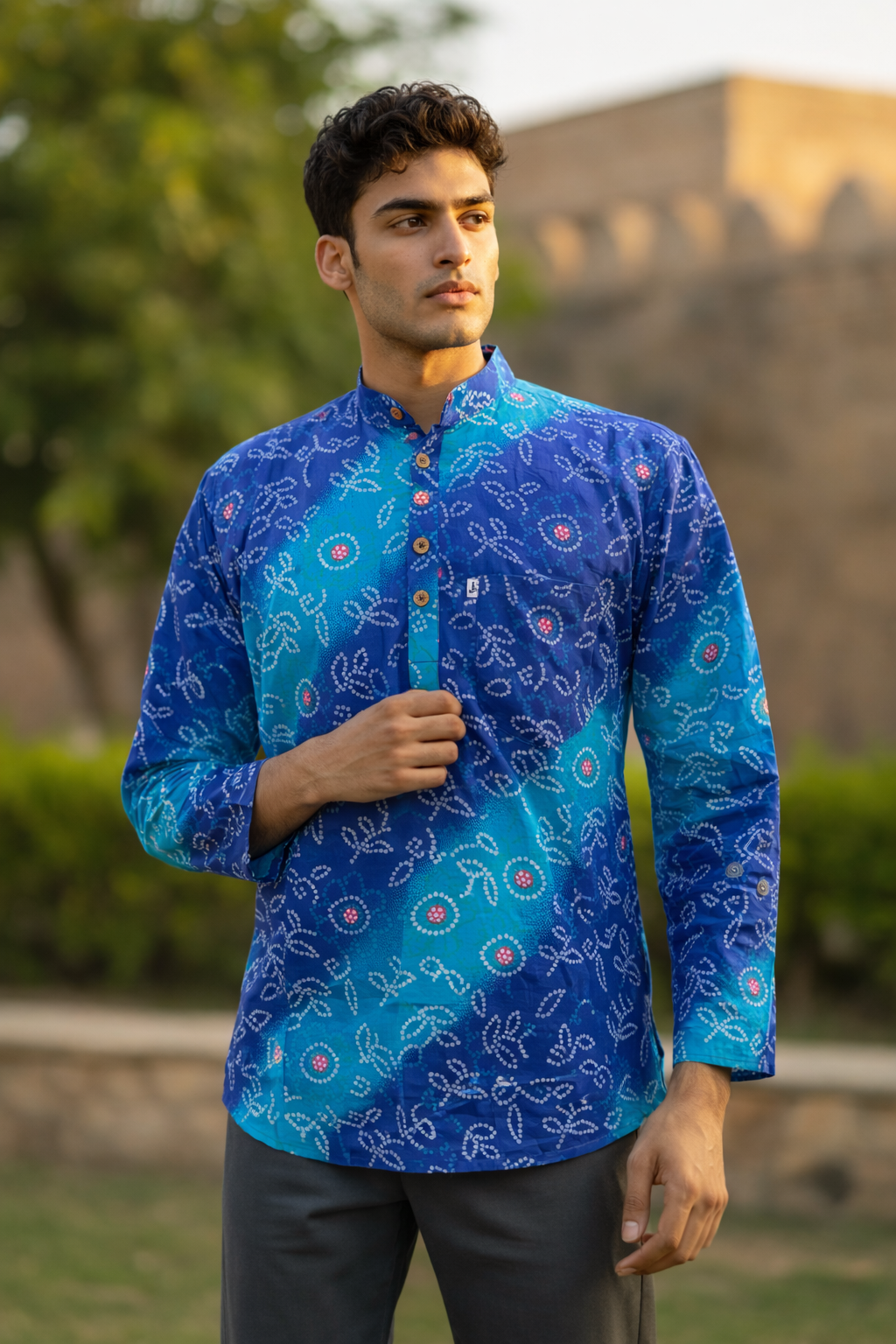 Blue Multicolor Bandhej Printed Full Sleeves Short Kurta for Men