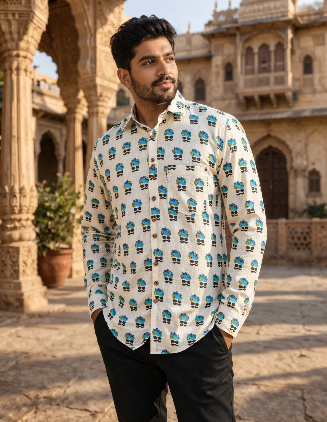 Blue Multicolor Rajasthani Turban Print Full Sleeves Cotton Shirt