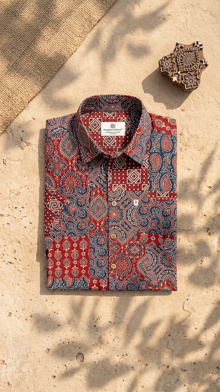 Blue Red Patchwork Printed Men's Half Sleeves Cotton Shirt