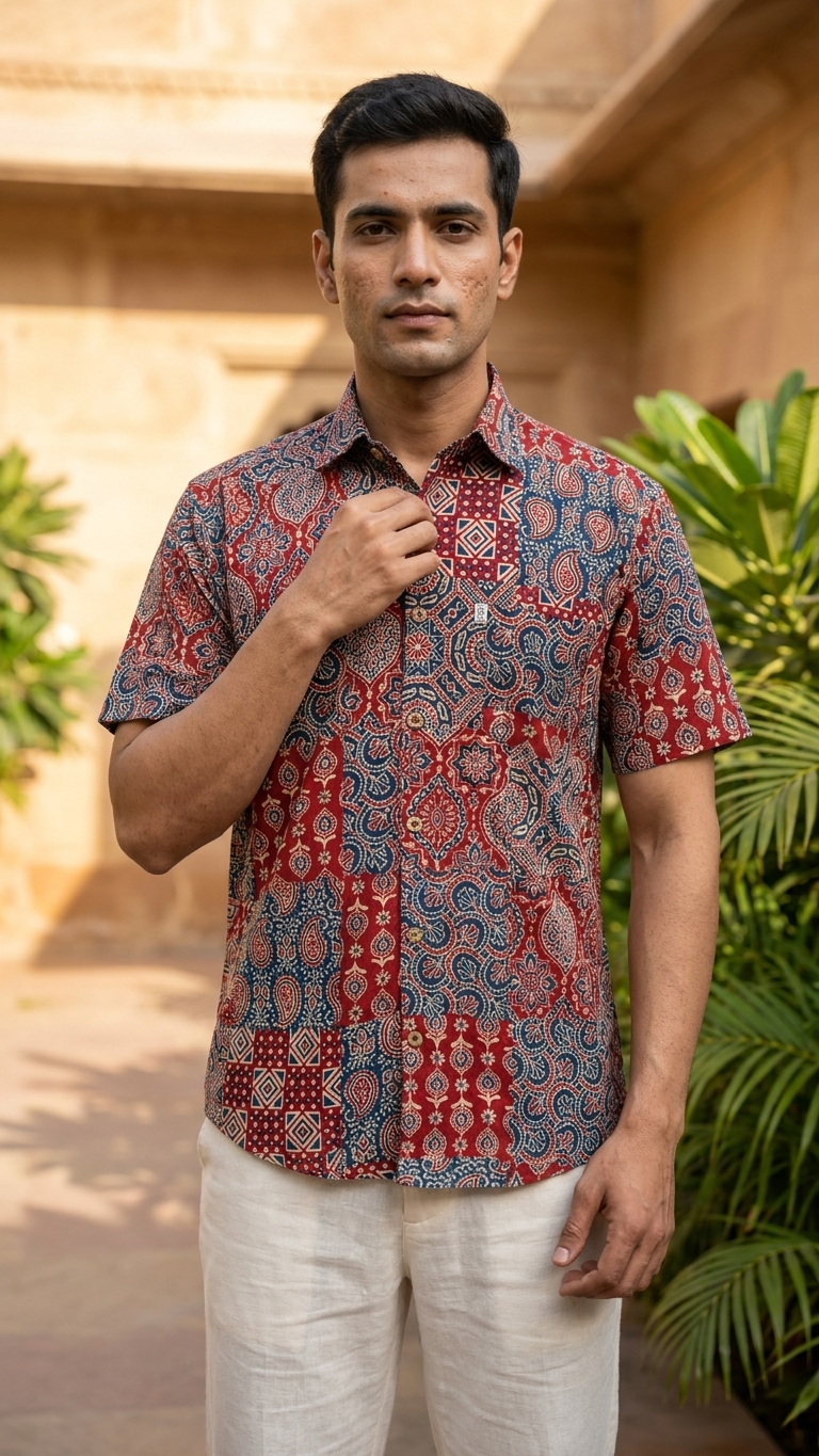 Blue Red Patchwork Printed Men's Half Sleeves Cotton Shirt