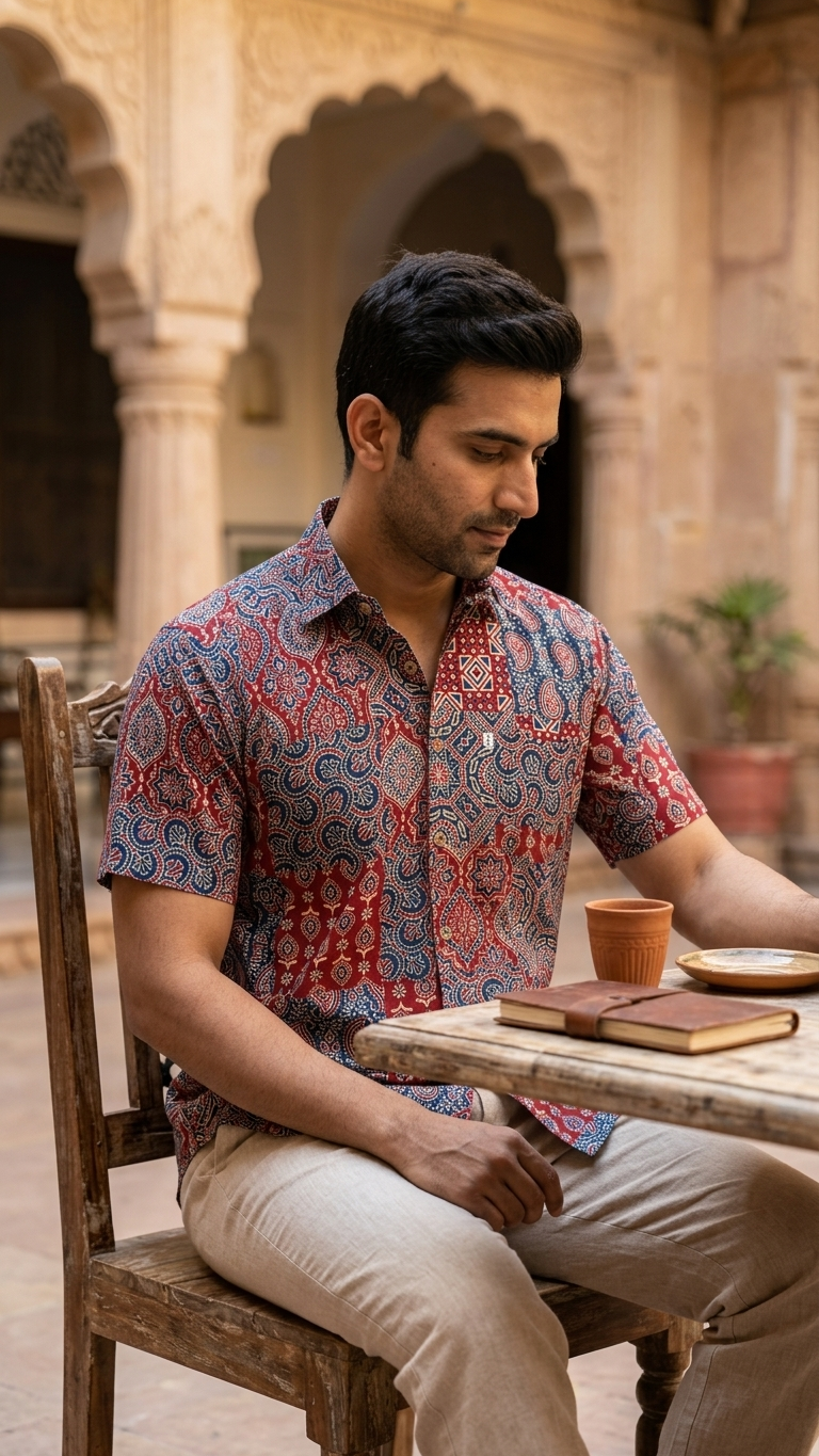 Blue Red Patchwork Printed Men's Half Sleeves Cotton Shirt