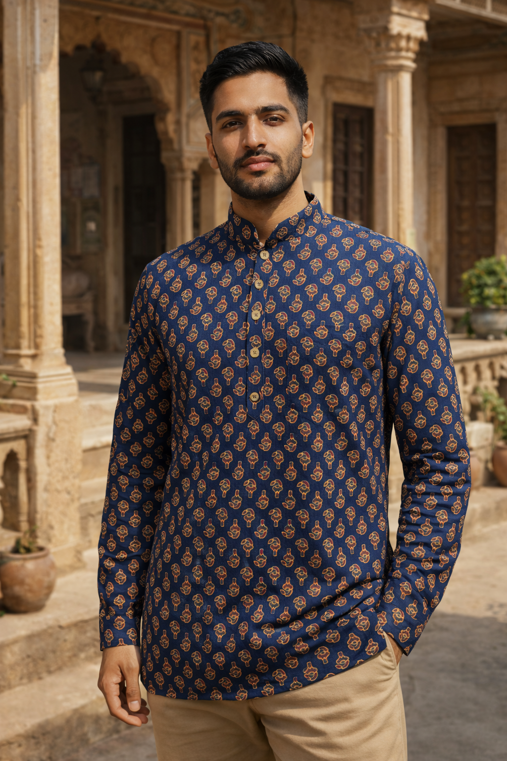 Indigo Red Booti Printed Full Sleeves Short Kurta for Men