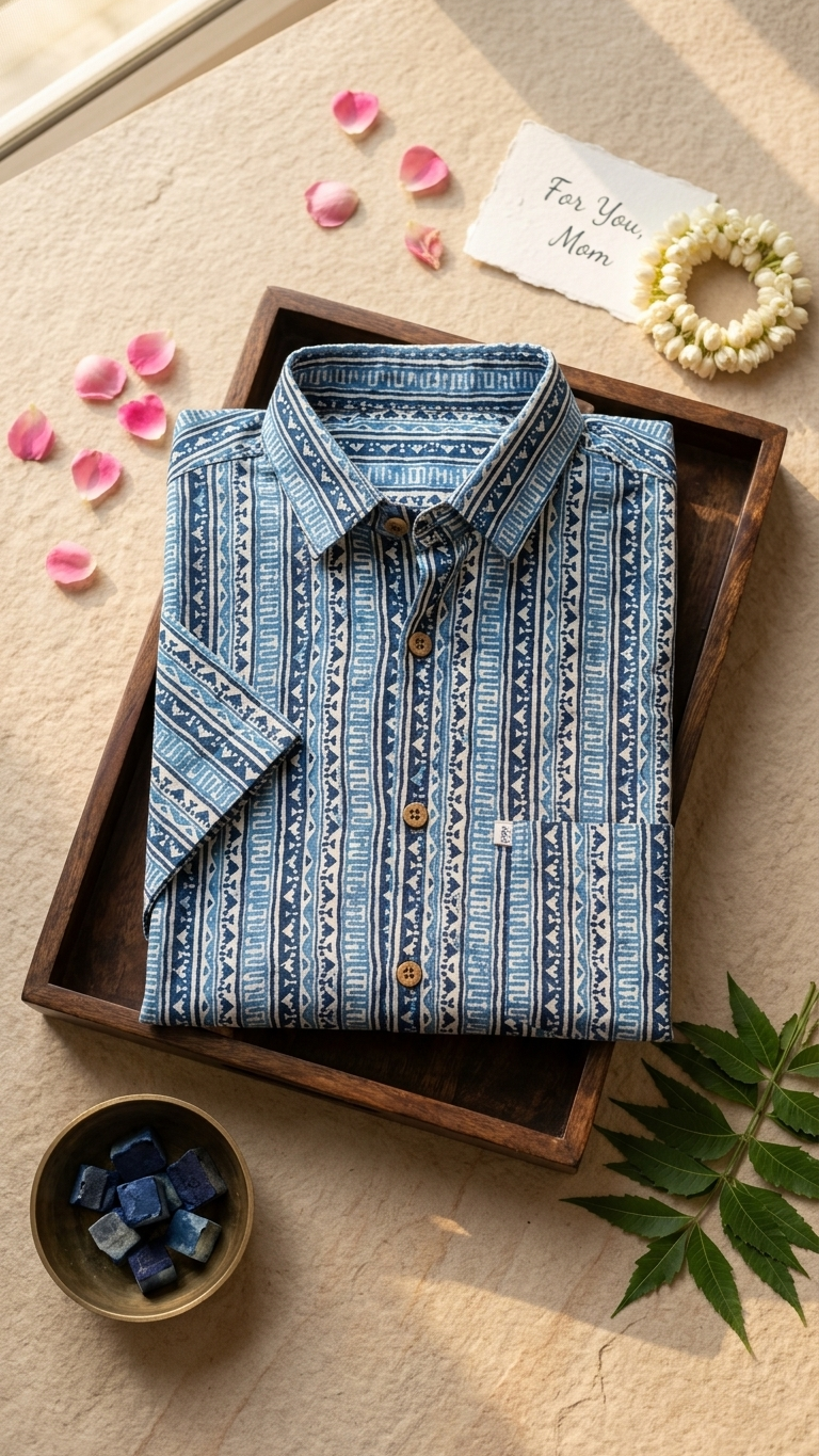 Indigo Ethnic Stripe Printed Mens Half Sleeves Cotton Shirt