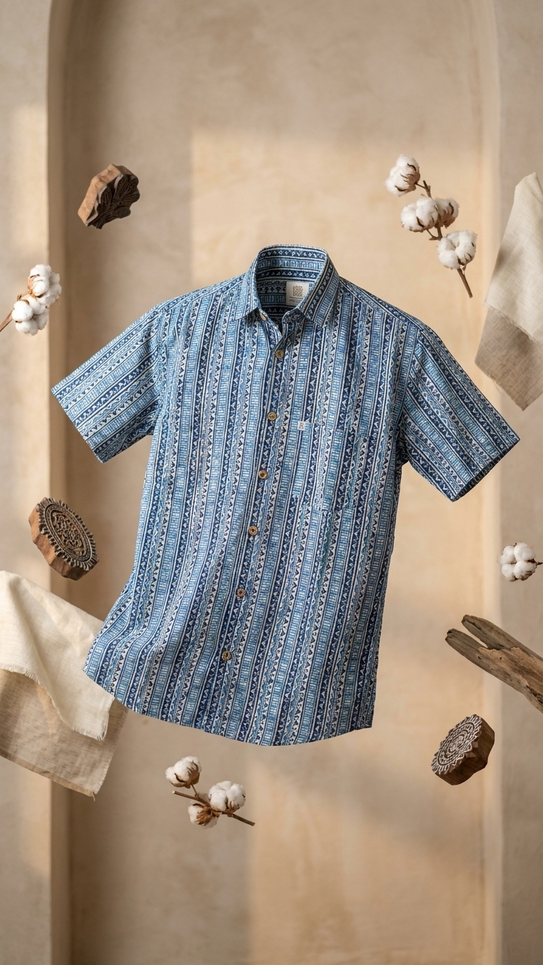 Indigo Ethnic Stripe Printed Mens Half Sleeves Cotton Shirt
