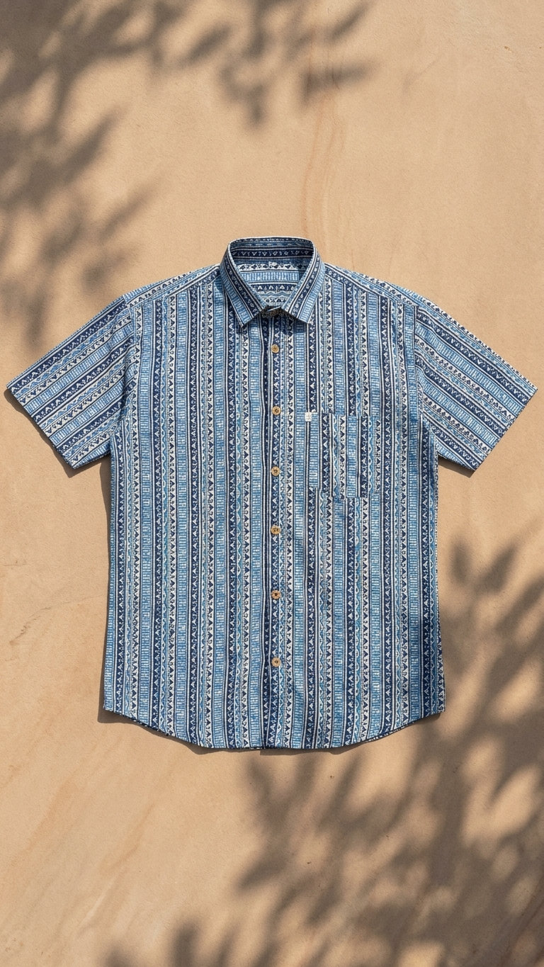 Indigo Ethnic Stripe Printed Mens Half Sleeves Cotton Shirt