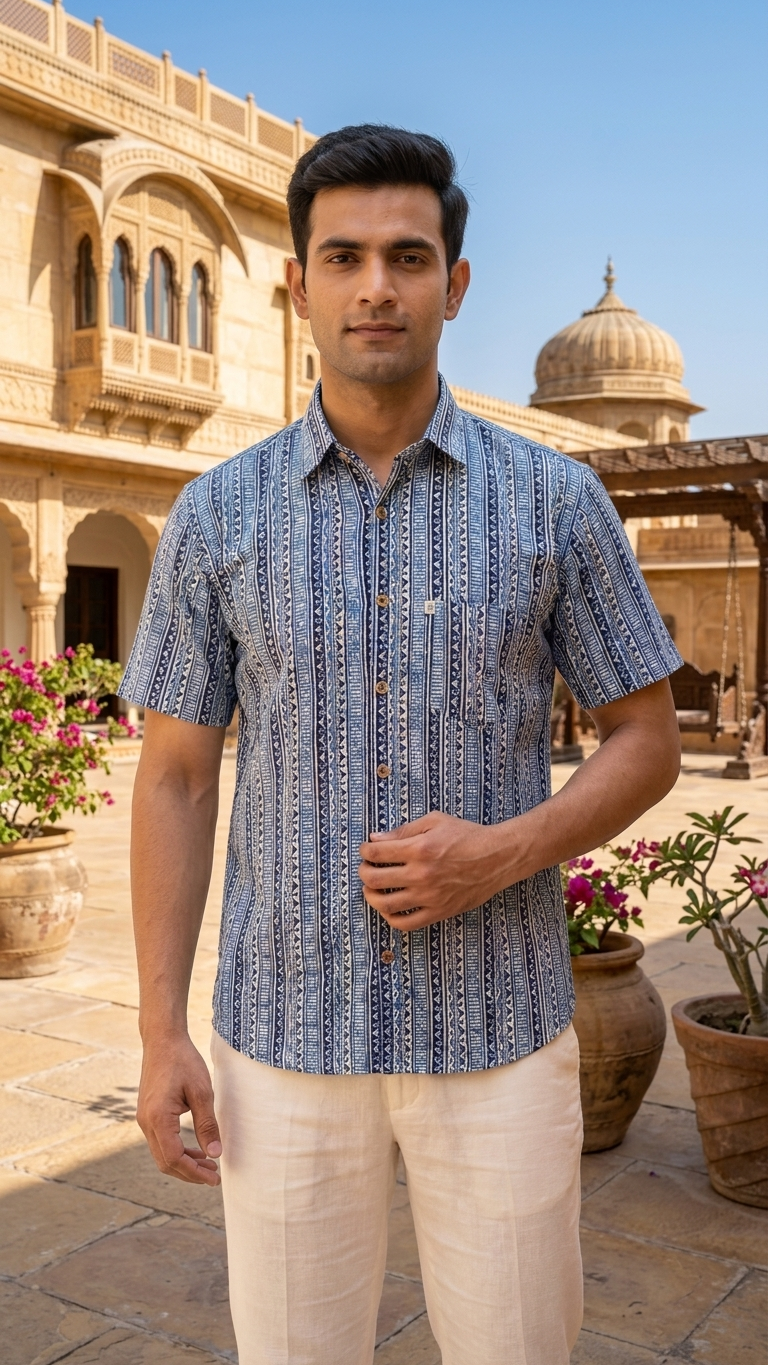Indigo Ethnic Stripe Printed Mens Half Sleeves Cotton Shirt