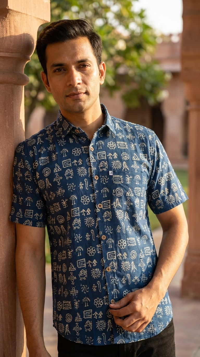 Blue Folk Symbol Printed Men's Half Sleeves Cotton Shirt