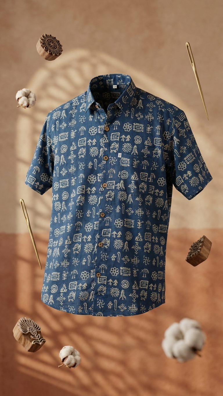 Blue Folk Symbol Printed Men's Half Sleeves Cotton Shirt