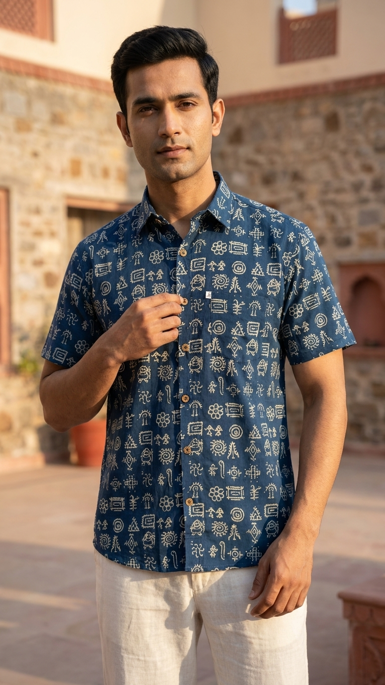 Blue Folk Symbol Printed Men's Half Sleeves Cotton Shirt