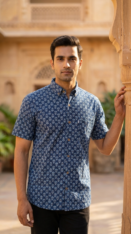 Indigo Floral new Buti Printed Plus Size Half Sleeves Cotton Shirt for Men
