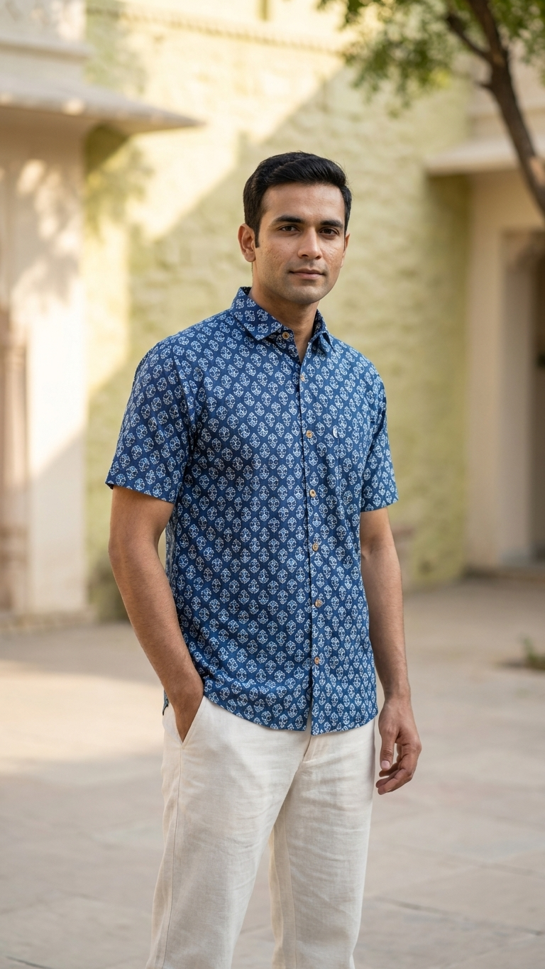 Indigo Floral new Buti Printed Plus Size Half Sleeves Cotton Shirt for Men