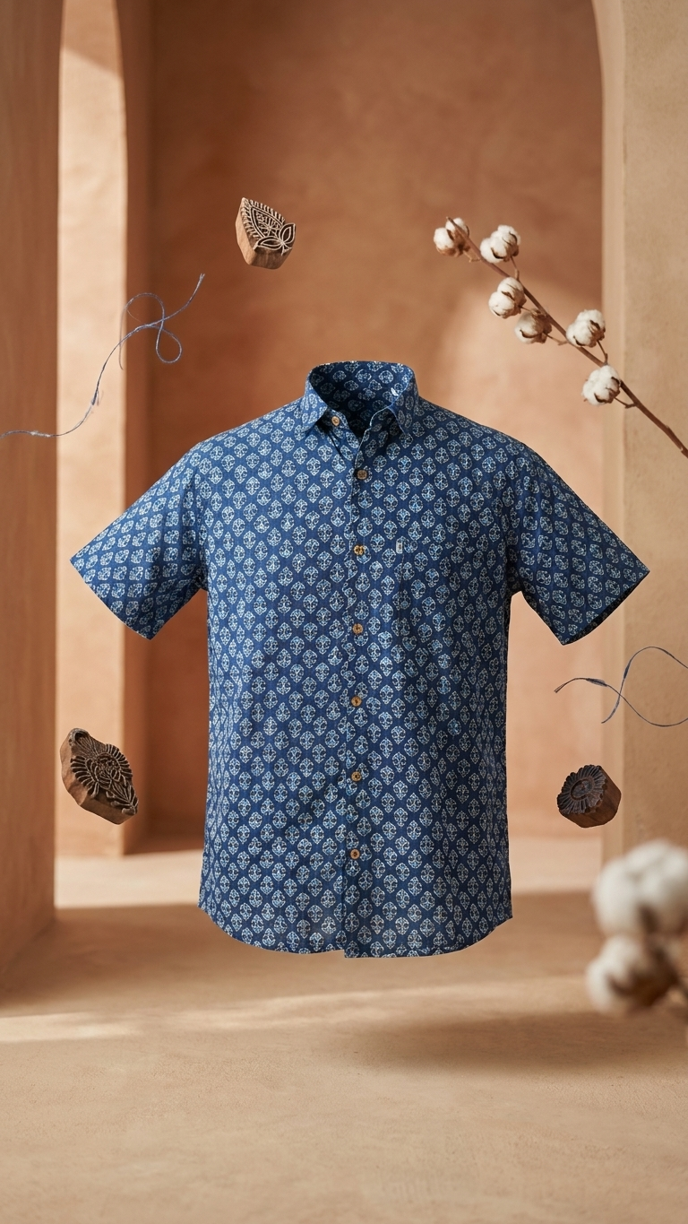 Indigo Floral new Buti Printed Plus Size Half Sleeves Cotton Shirt for Men