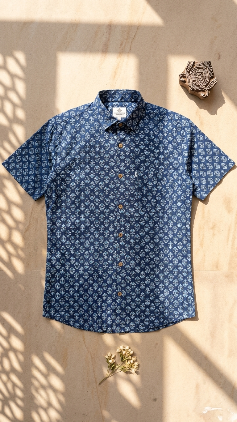 Indigo Floral new Buti Printed Plus Size Half Sleeves Cotton Shirt for Men