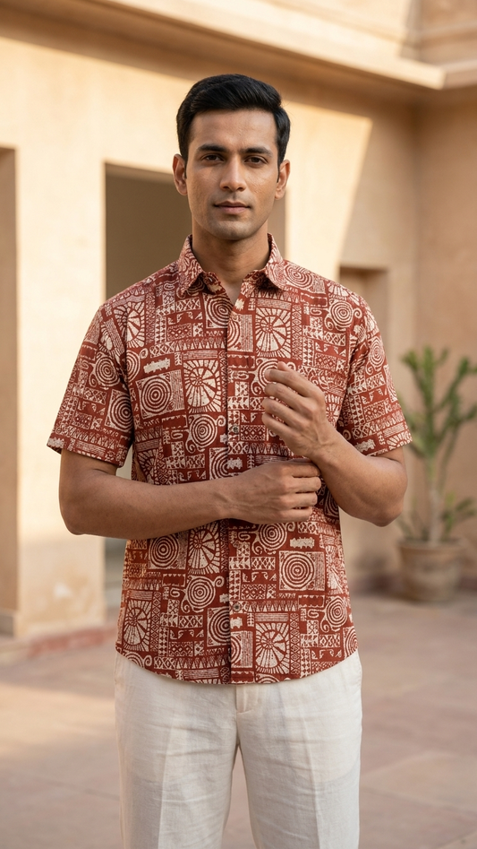 Brick Red Maze Printed Men's Half Sleeves Cotton Shirt