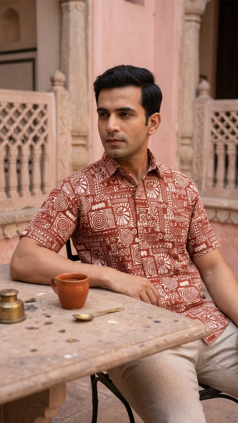 Brick Red Maze Printed Men's Half Sleeves Cotton Shirt