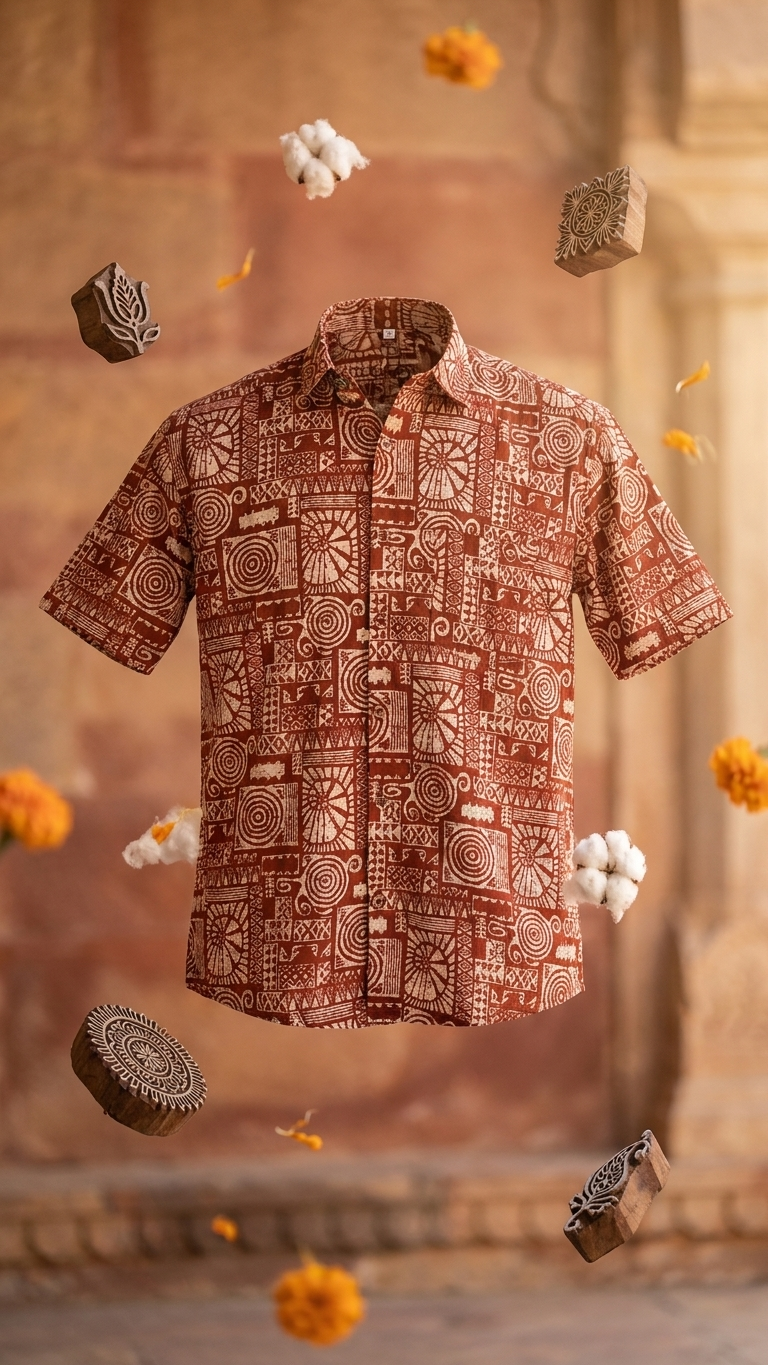Brick Red Maze Printed Men's Half Sleeves Cotton Shirt