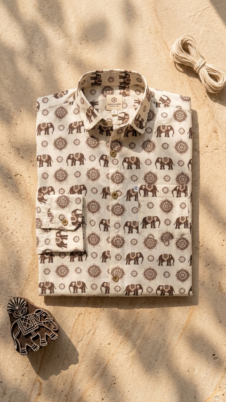White Brown Elephant Floral Printed Men's Full Sleeves Cotton Shirt