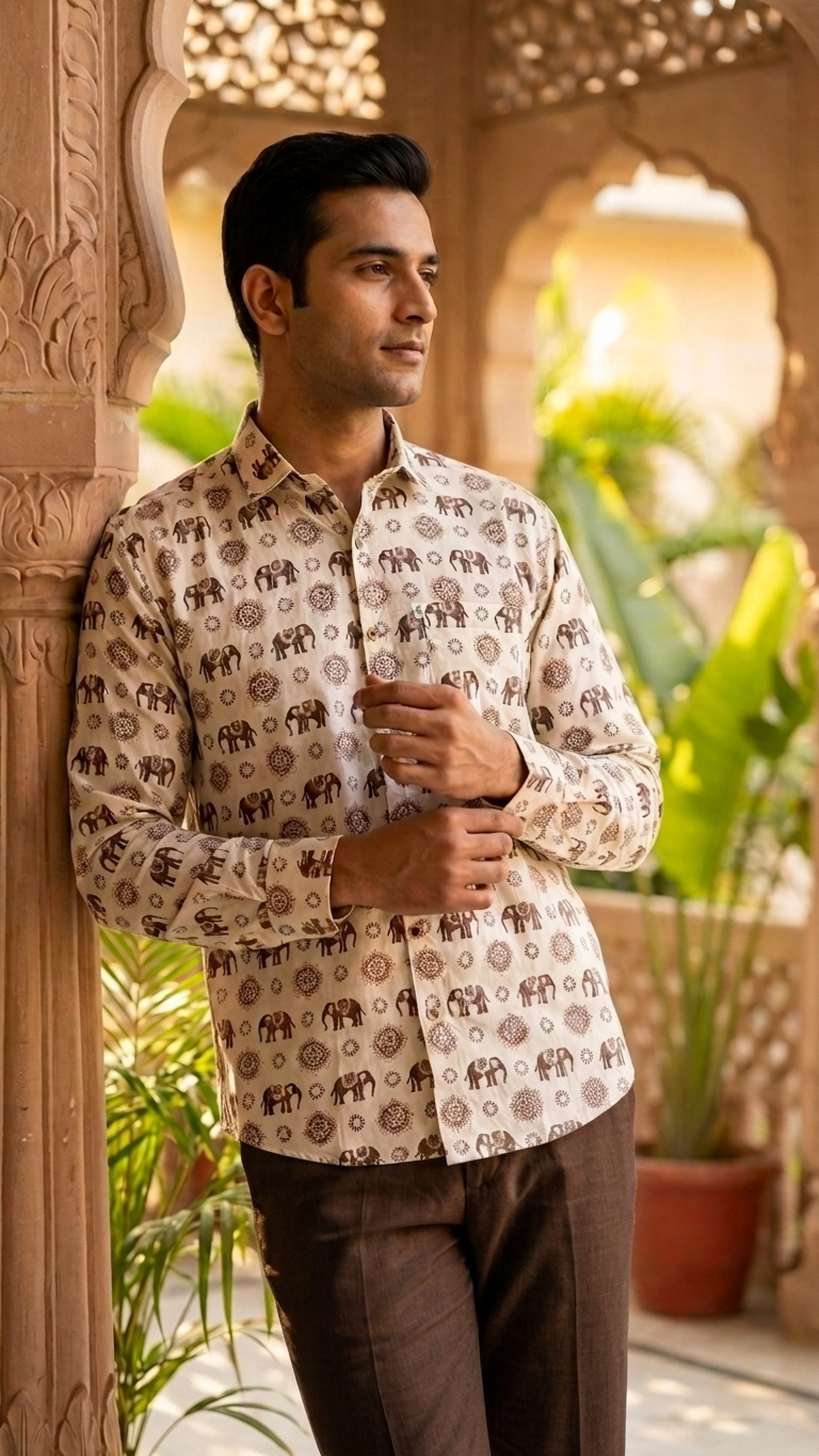 White Brown Elephant Floral Printed Men's Full Sleeves Cotton Shirt