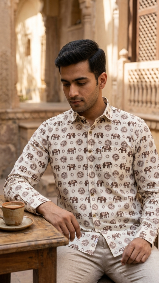 White Brown Elephant Floral Printed Men's Full Sleeves Cotton Shirt