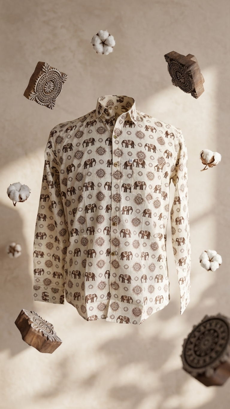 White Brown Elephant Floral Printed Men's Full Sleeves Cotton Shirt