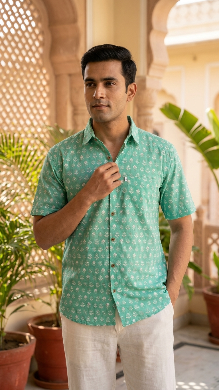 Mint Green Buti Printed Plus Size Half Sleeves Cotton Shirt for Men