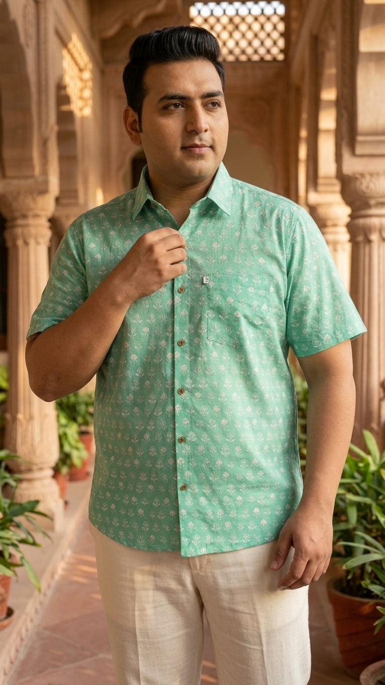 Mint Green Buti Printed Plus Size Half Sleeves Cotton Shirt for Men