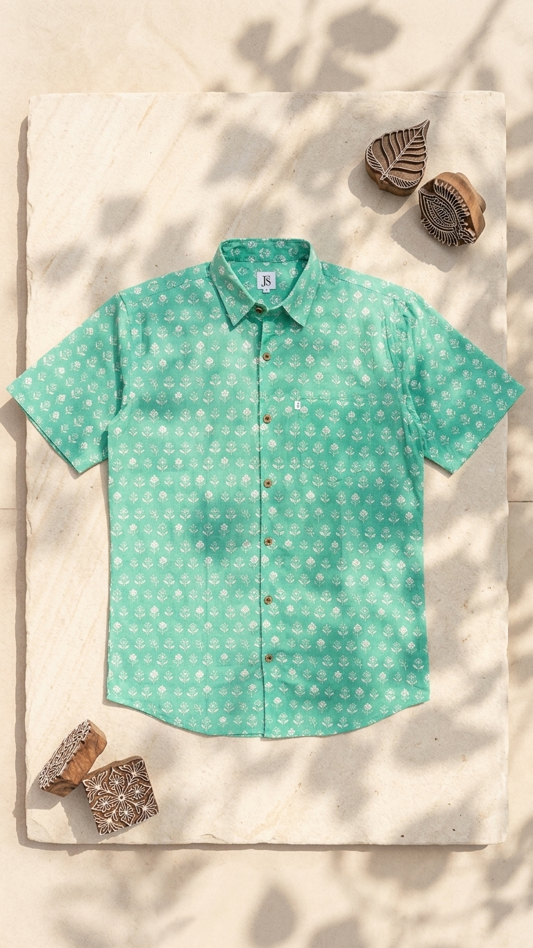 Mint Green Buti Printed Plus Size Half Sleeves Cotton Shirt for Men