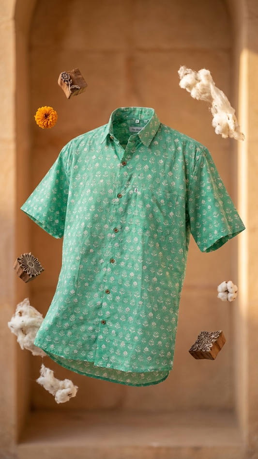 Mint Green Buti Printed Plus Size Half Sleeves Cotton Shirt for Men