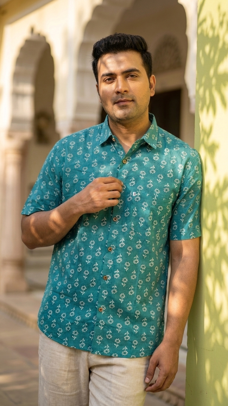 Cyan Floral Booti Printed Men's Plus Size Cotton Shirt