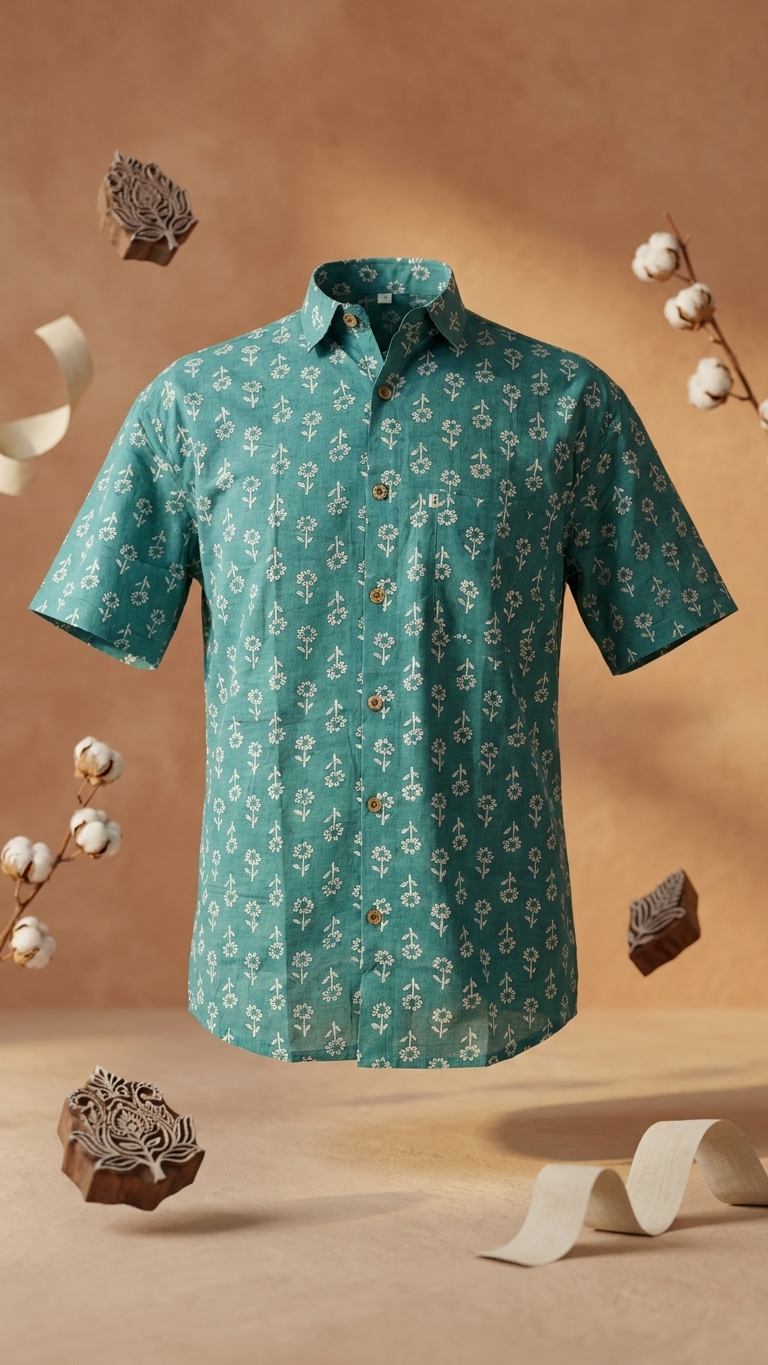 Cyan Floral Booti Printed Men's Plus Size Cotton Shirt