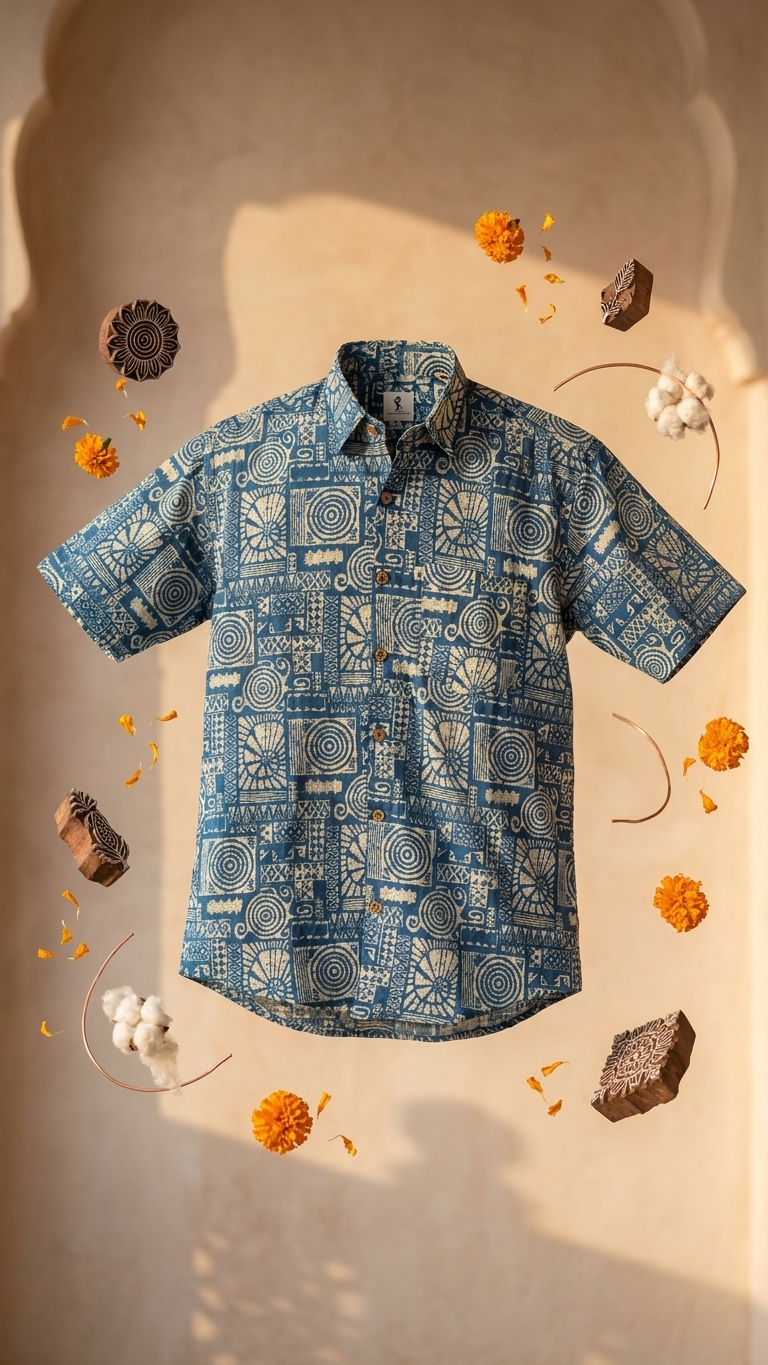 Cyan Maze Print Mens Half Sleeves Cotton Shirt