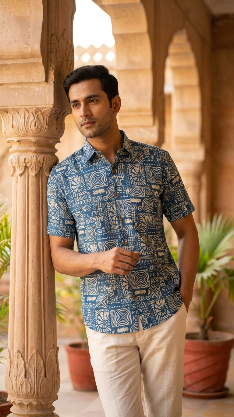 Cyan Maze Print Mens Half Sleeves Cotton Shirt
