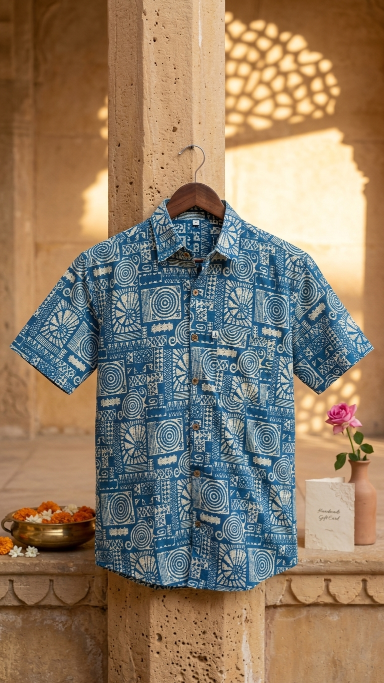 Cyan Maze Print Mens Half Sleeves Cotton Shirt