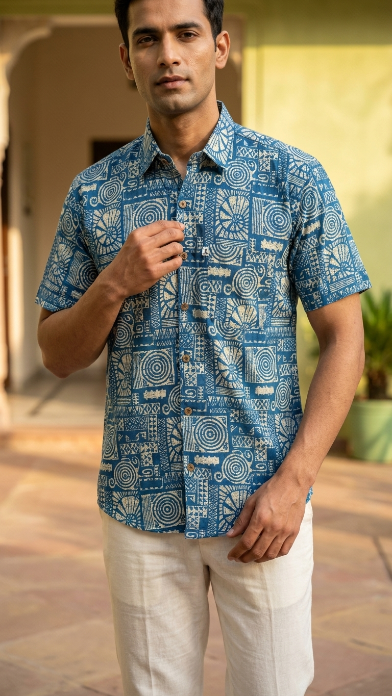 Cyan Maze Print Mens Half Sleeves Cotton Shirt