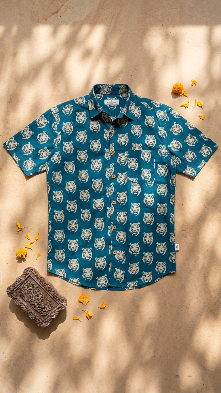 Cyan Tiger Printed Men's Half Sleeves Cotton Shirt