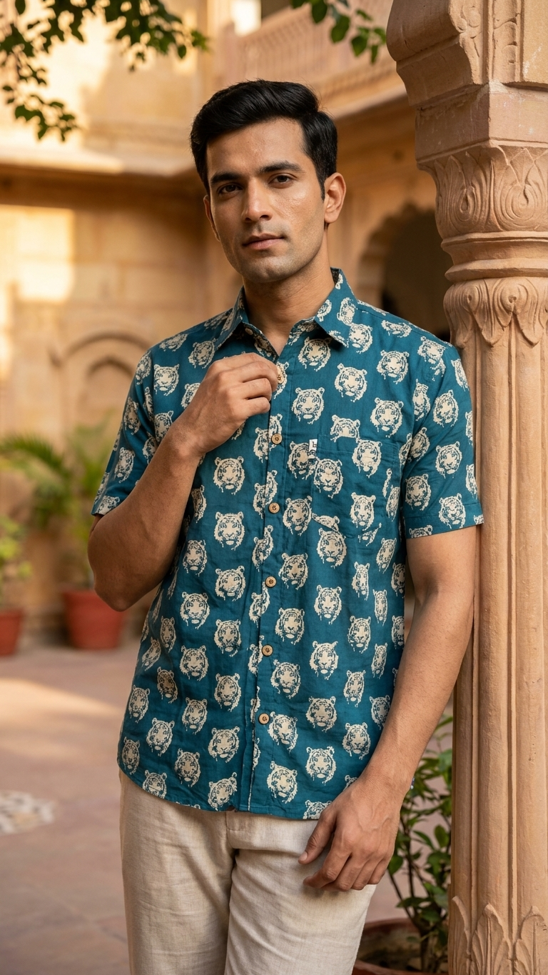 Cyan Tiger Printed Men's Half Sleeves Cotton Shirt