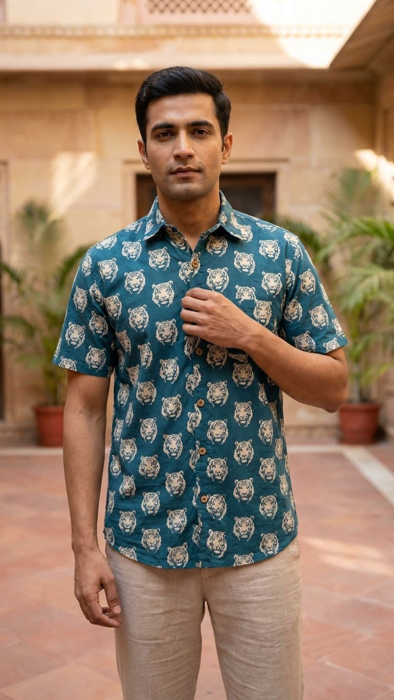 Cyan Tiger Printed Men's Half Sleeves Cotton Shirt