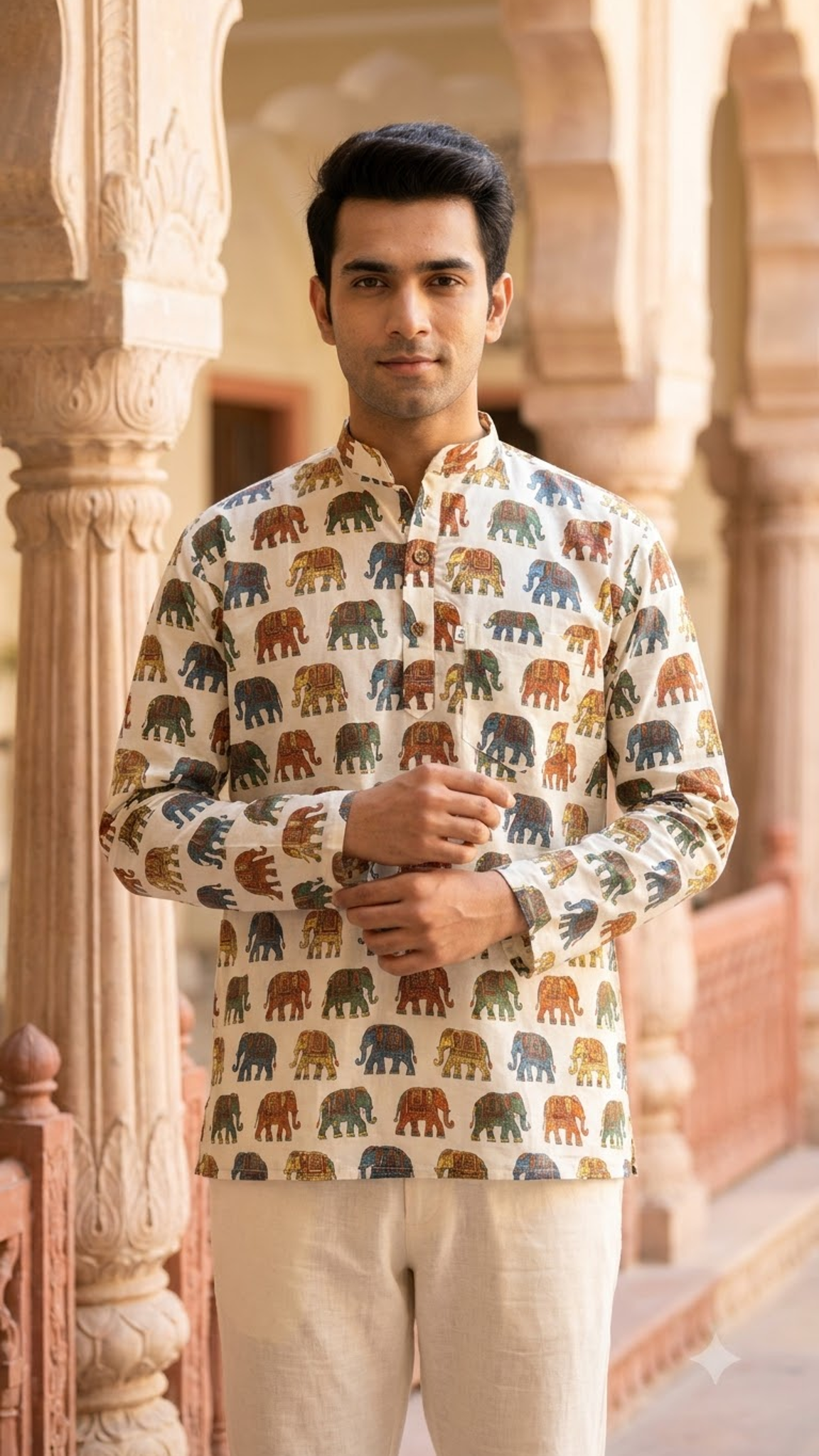 Multicolour Rajwada Elephant Printed Full Sleeves Short Kurta for Men